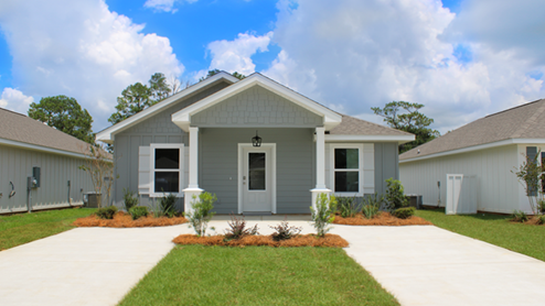 One-story home with board and batten exterior and a covered front porch.