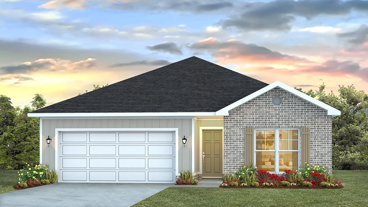 Single story home with windows, two car garage and driveway featuring our Aldridge 9A1 elevation.