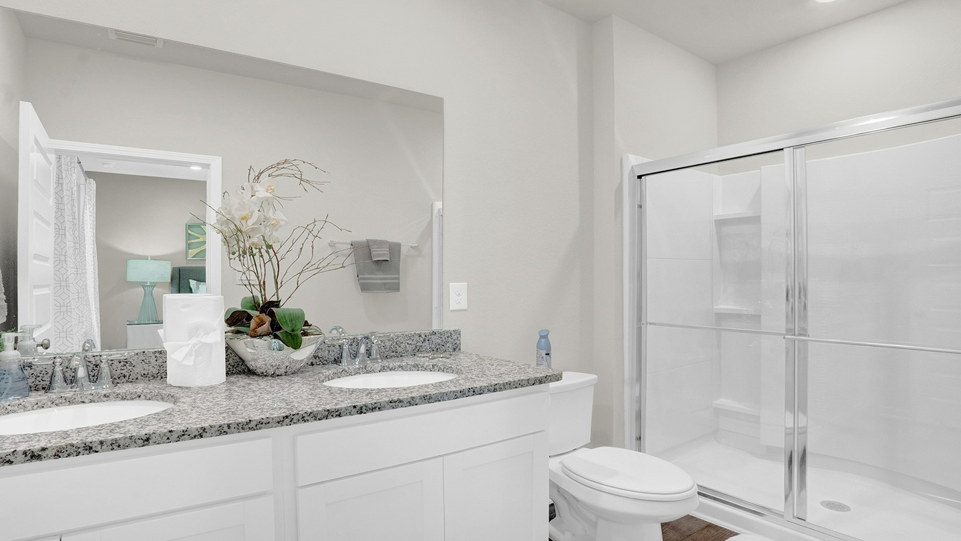 Shower with Jack and Jill sink, shower and toilet.