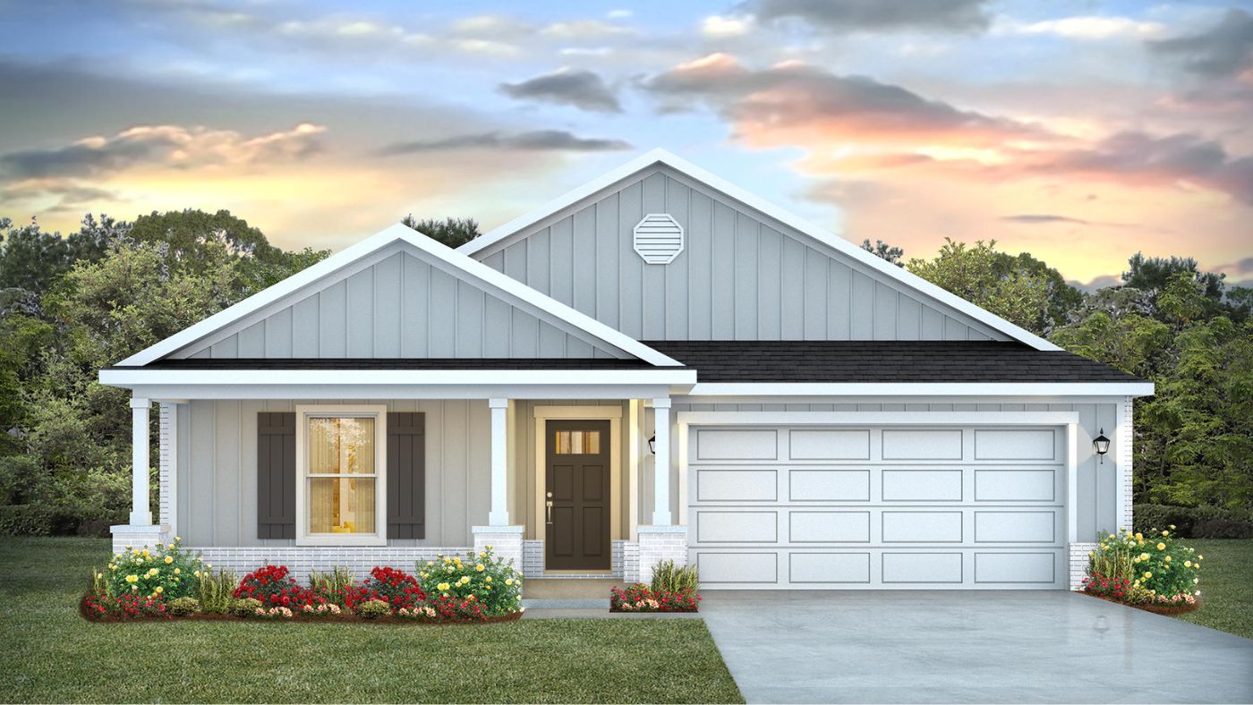 Single-story home showcasing our Kelly C5 plan with windows, shutters and a front entry garage and driveway.