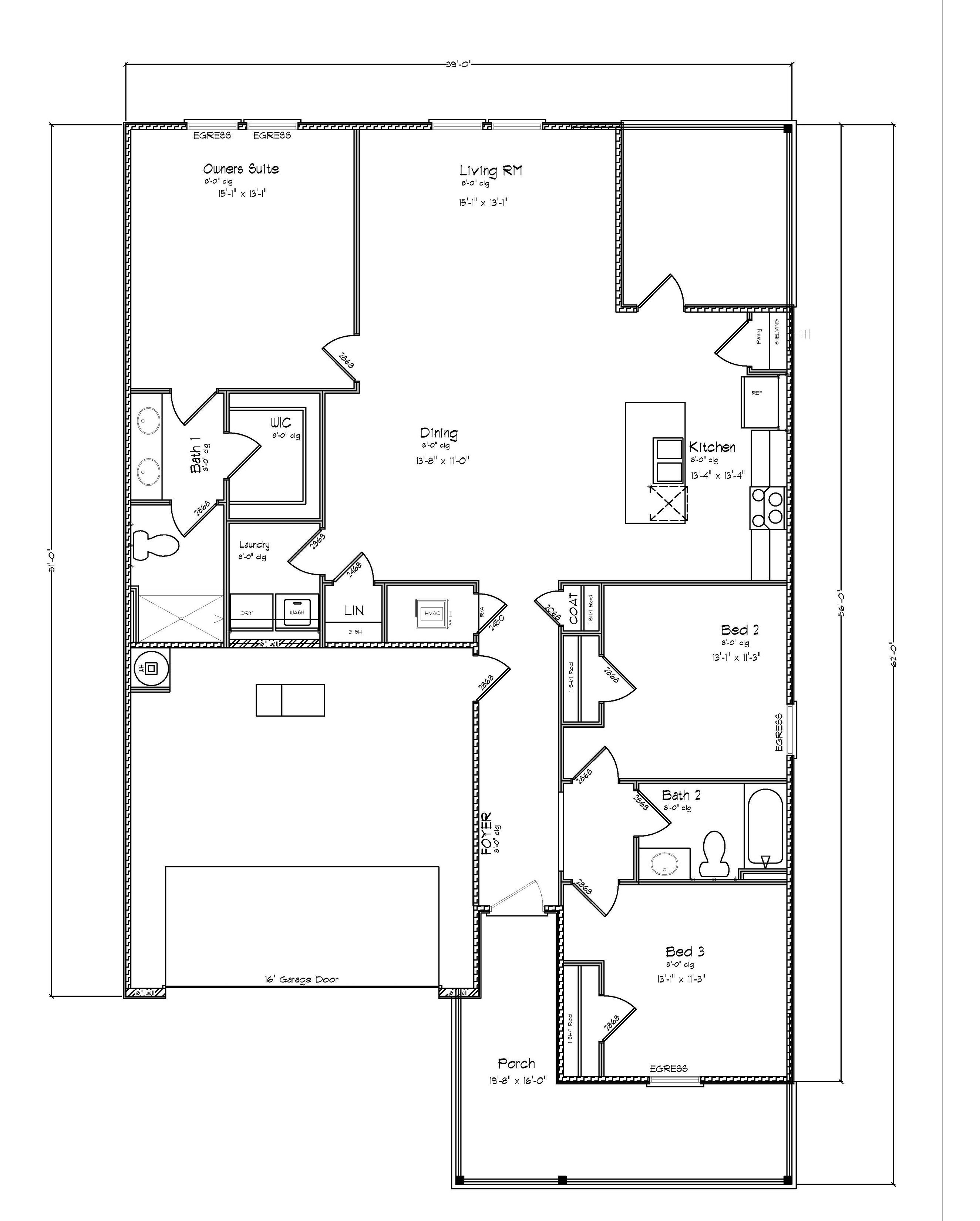 Black and white floorplan rendering showing our Kelly plan featuring 3 bedrooms and 2 bathrooms.