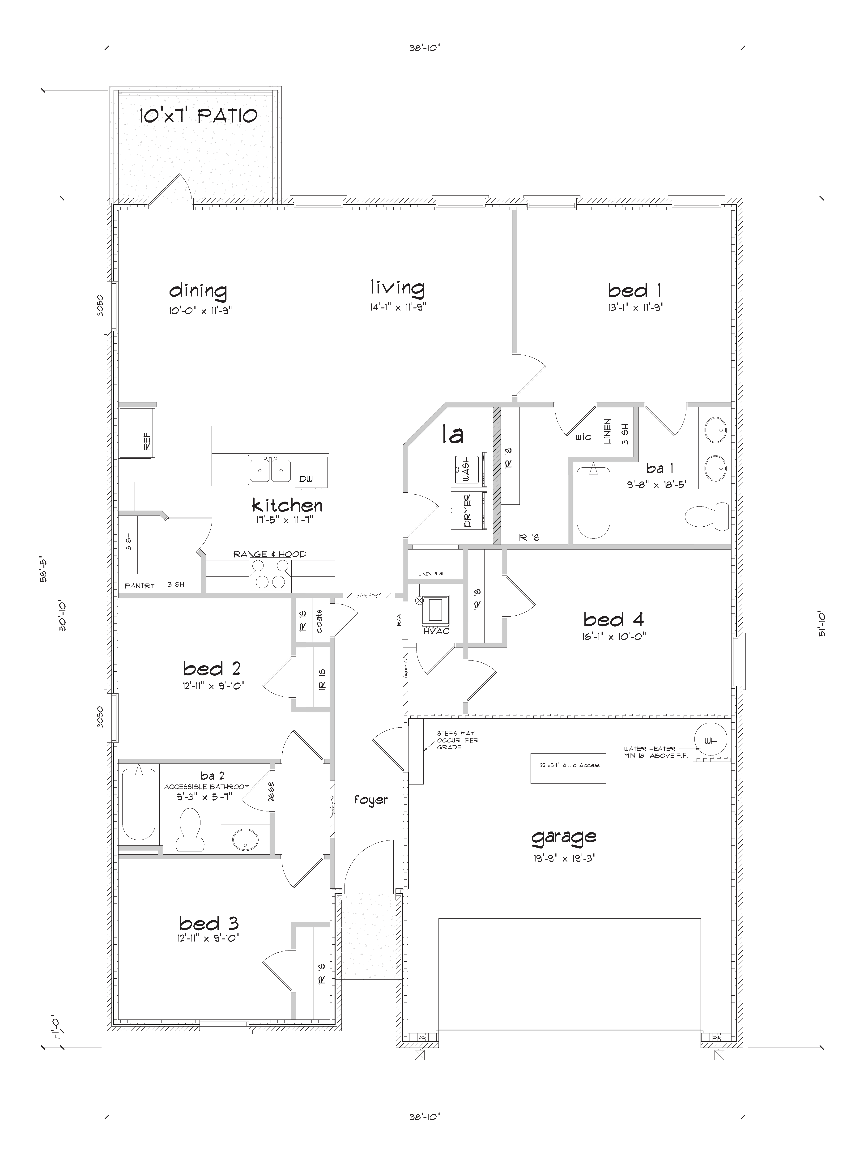 Black and white rendering of our single story plan showing 4 bedrooms and 3 bathrooms..