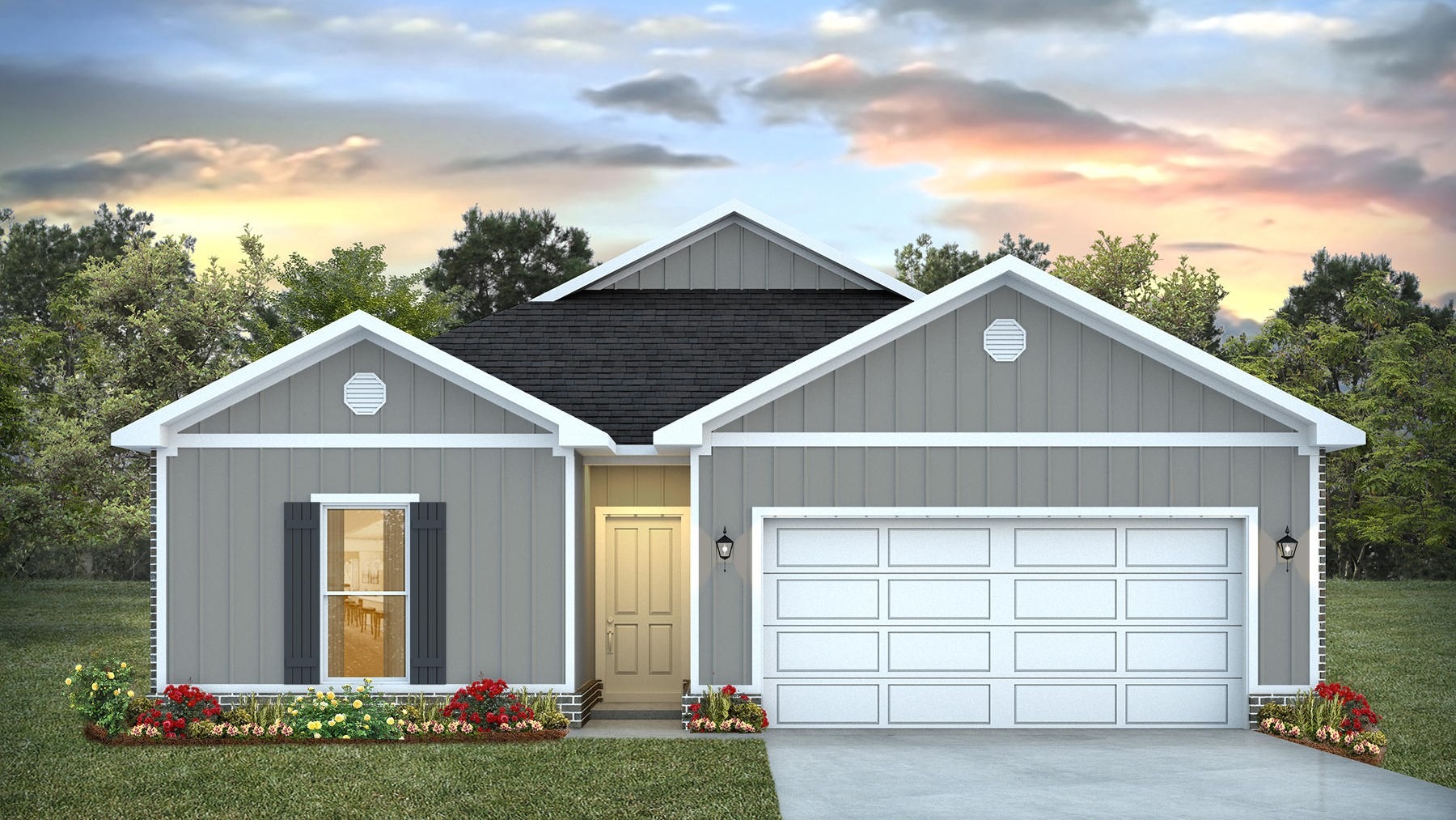 Single-story home featuring our Shelby B5 plan with a two car garage, window and driveway.