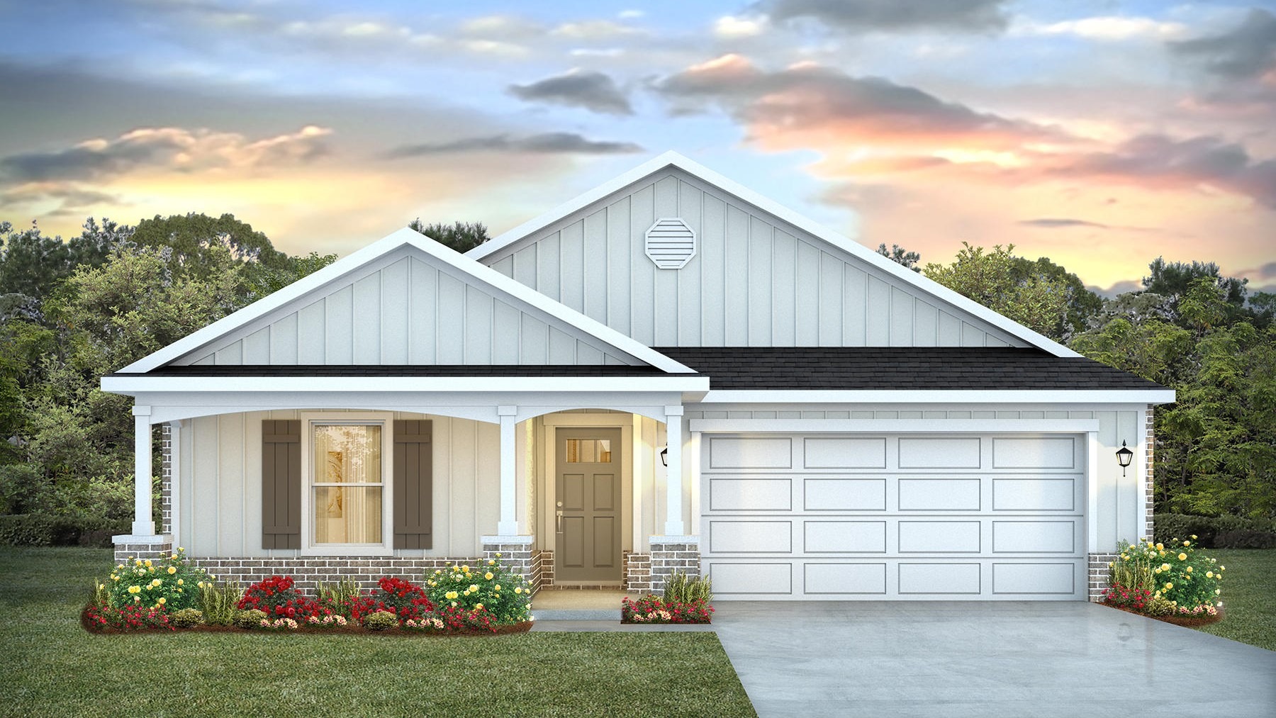 Single-story home rendering with two-car garage.