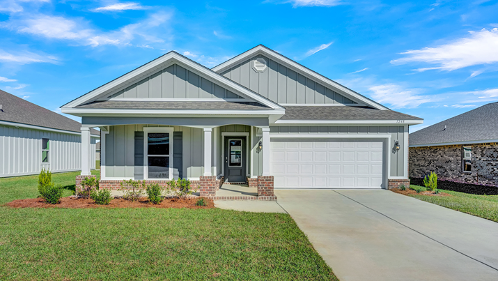 Single-story home rendering with brick accents, a covered front porch, and a two-car garage.