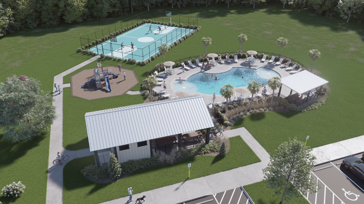 Amenity Center rendering with covered pool patio, pool, basketball court and playground.
