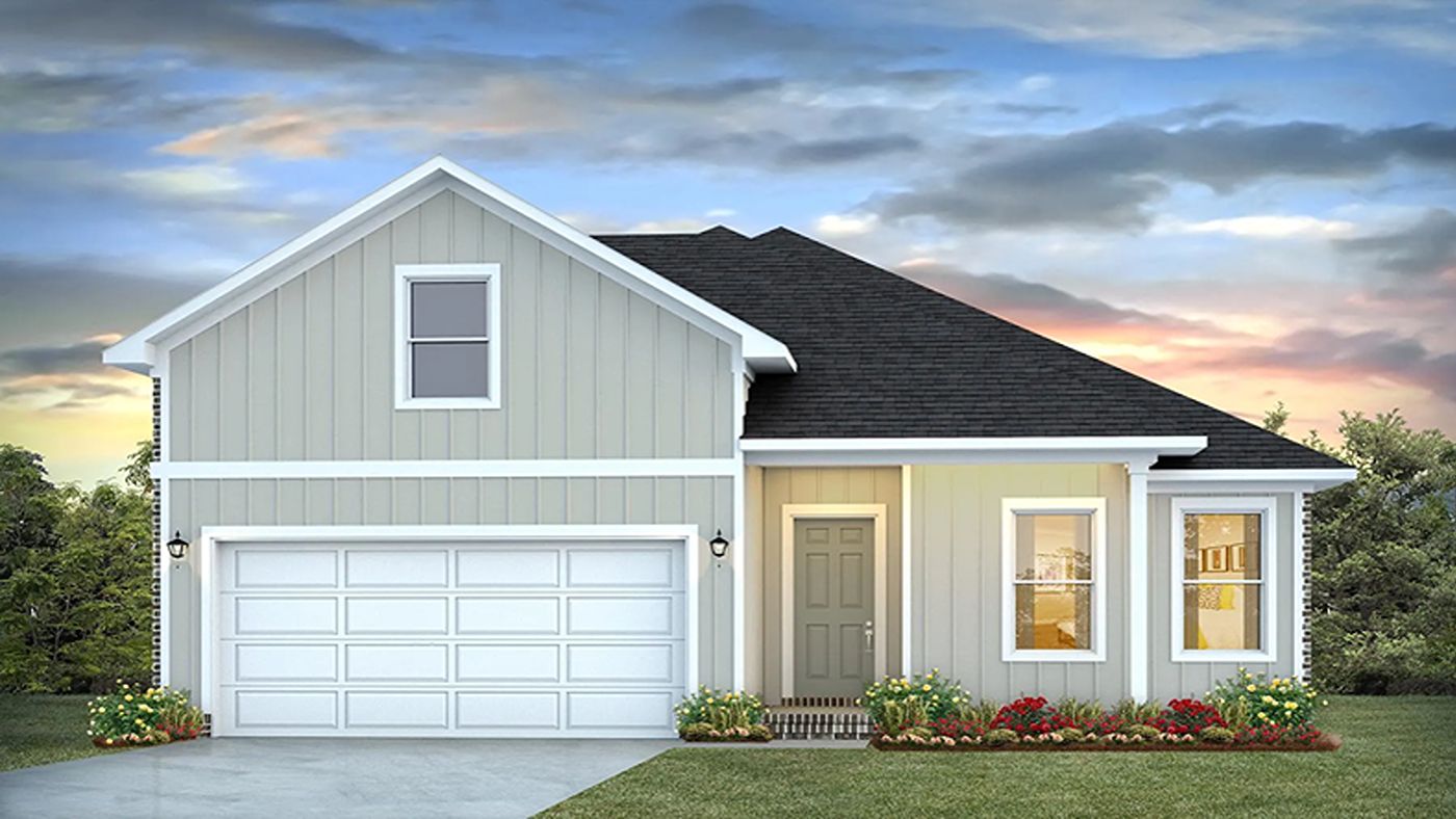 Front of home with Hardie Board siding and garage.