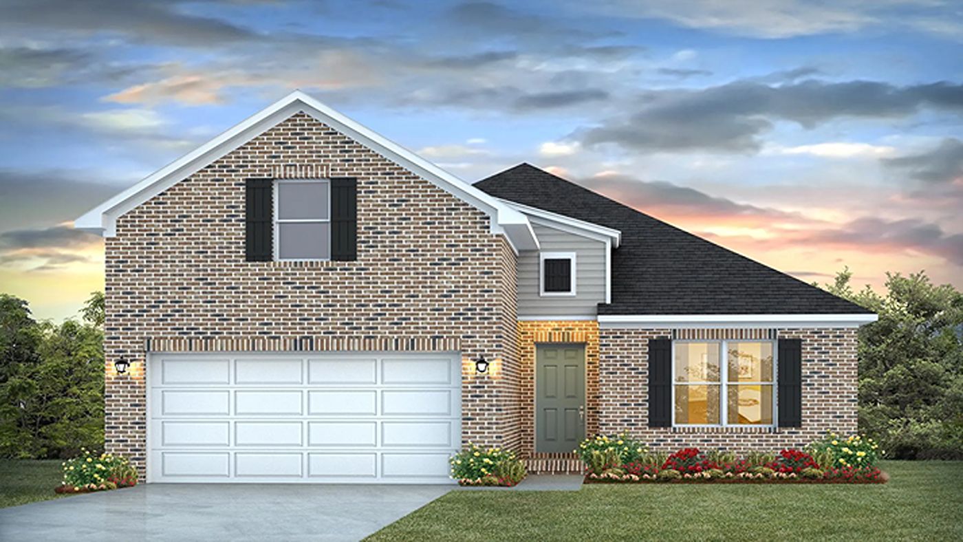 New home exterior with brick and Hardie board with garage.