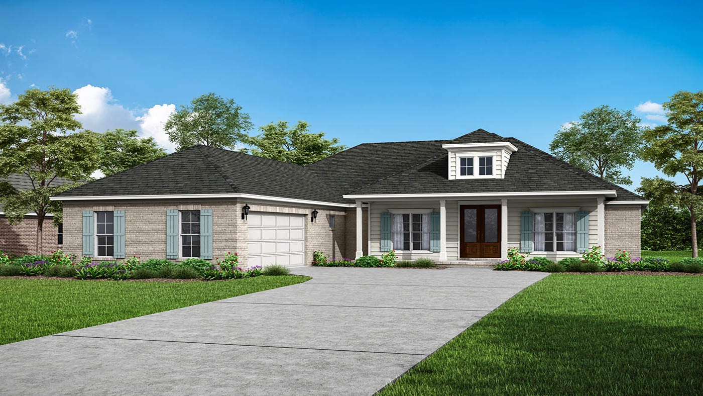 One-story brick home with lookout design over front porch and siding on front porch with large driveway and 2-car garage.
