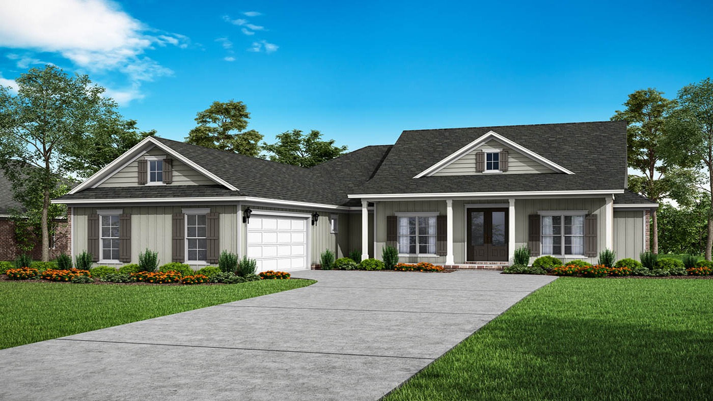 One-story home hardieboard and 2-car garage with large driveway and green yard.