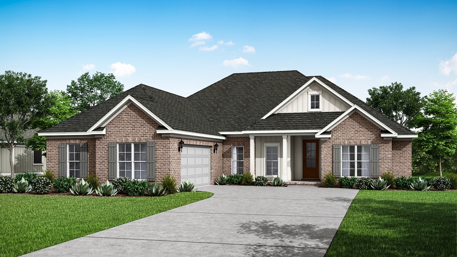 Two-story new home rendering with brick and board and batten exterior.