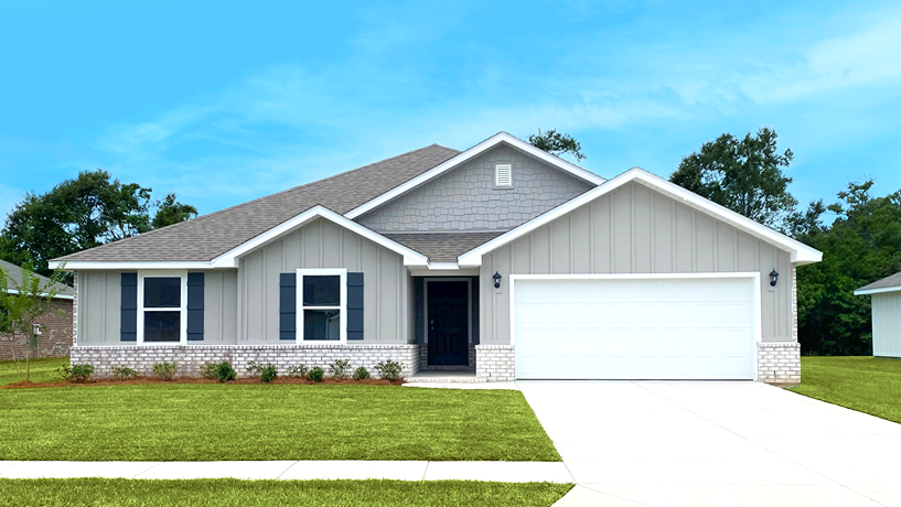 One-story home with board and batten exterior, a brick water table, and two-car garage.