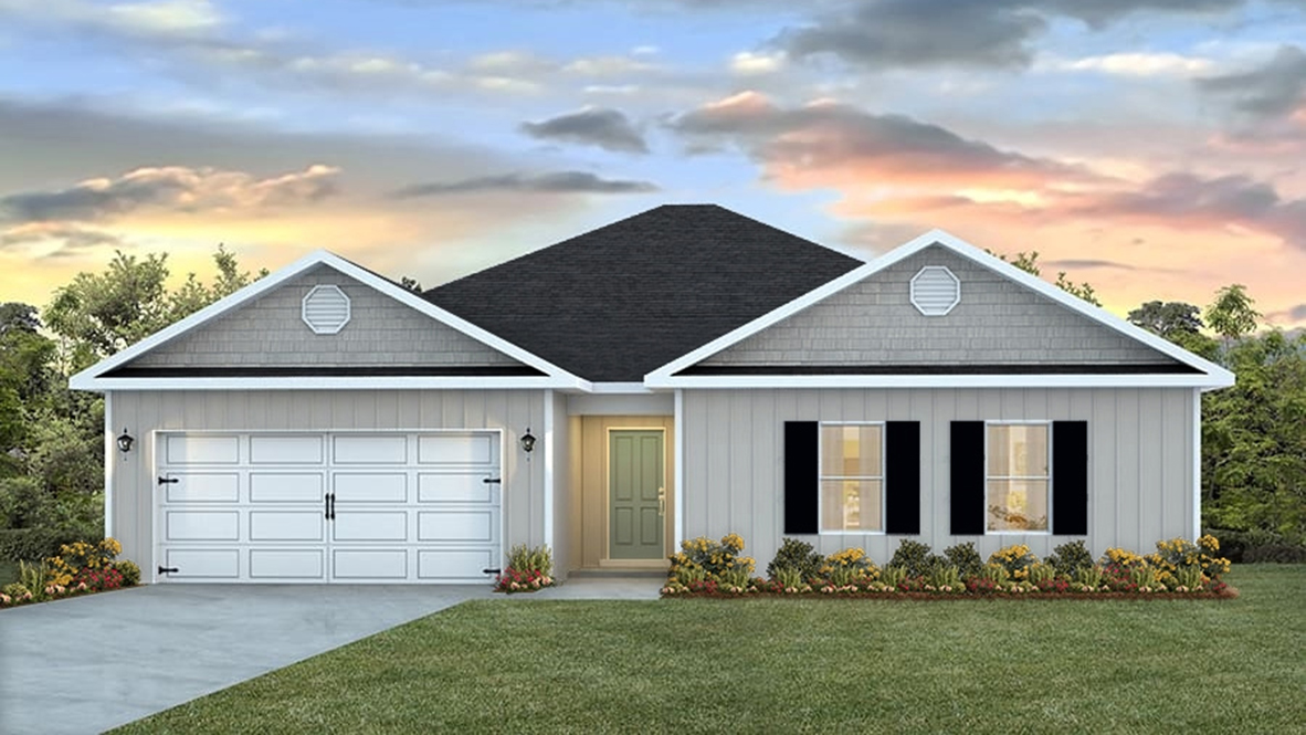 Single-story new home rendering with brick and board and batten exterior and a two-car garage.