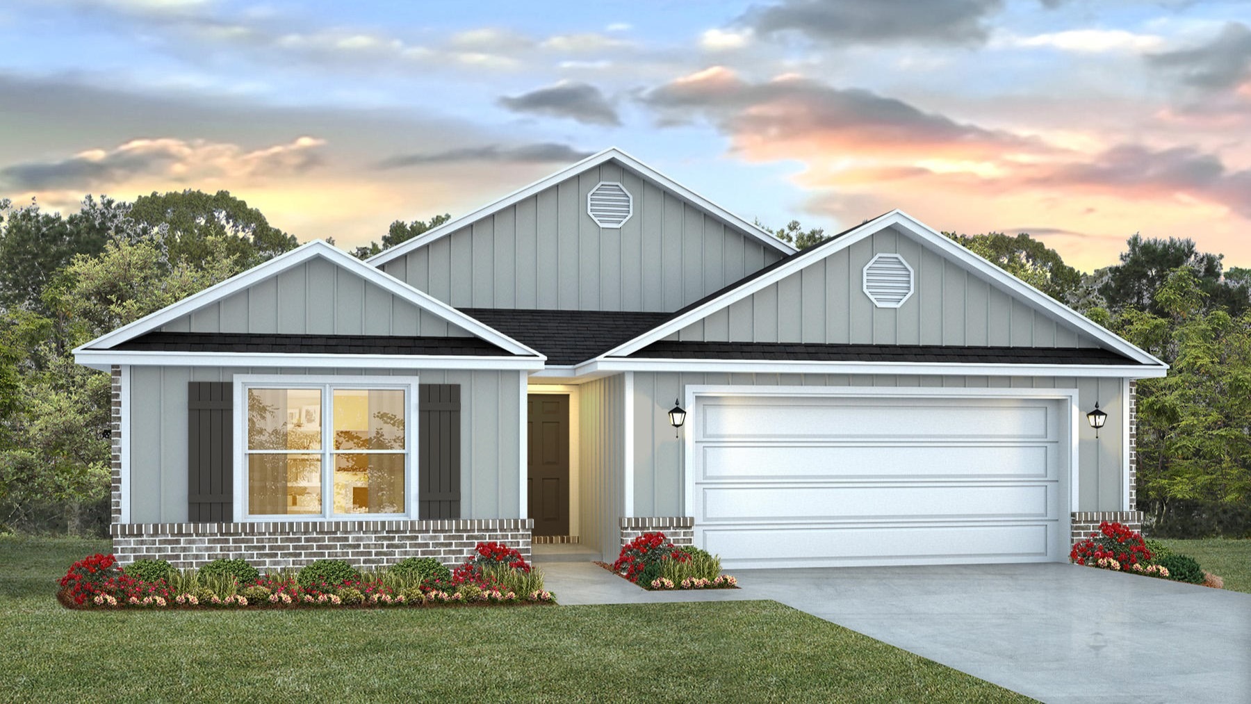 One-story new home rendering with a two-car garage.