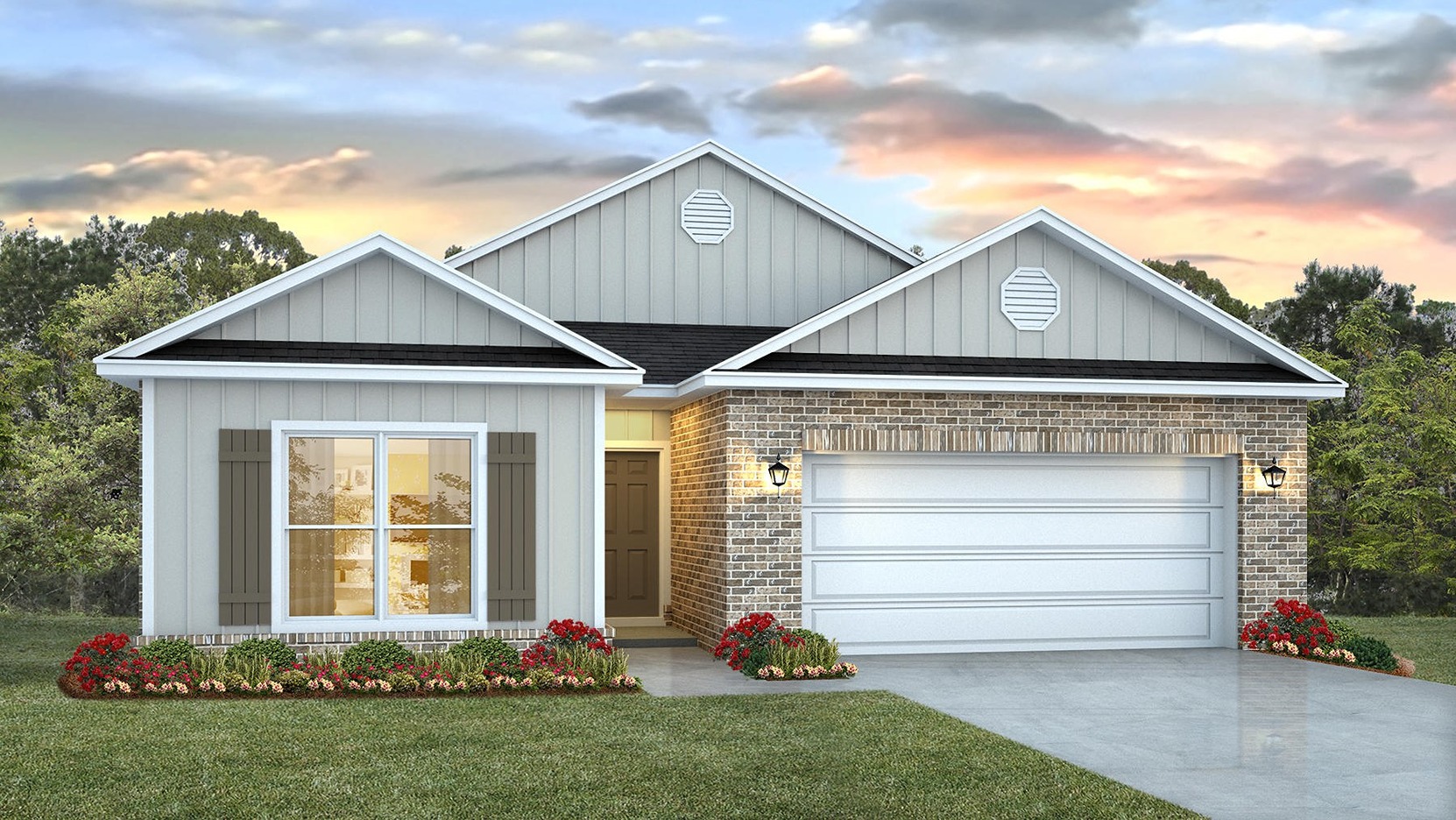 New home rendering with a two-car garage.