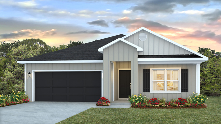 One-story new home rendering with board and batten exterior and a painted two-car garage.