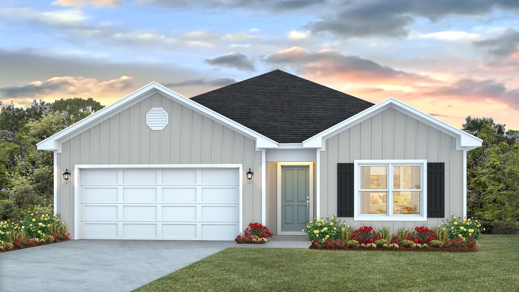 Single-story new home rendering with a two-car garage.