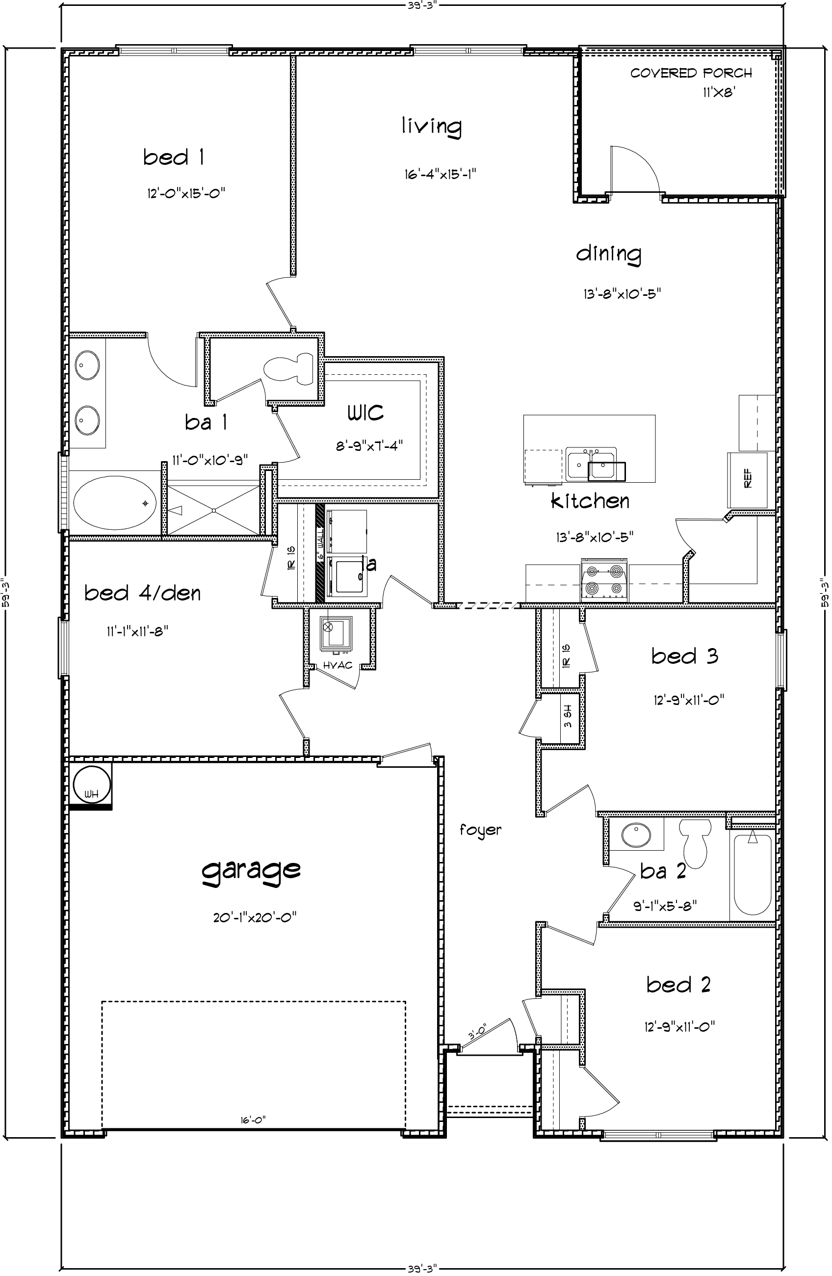 4 bedroom, 2 bathroom floor plan