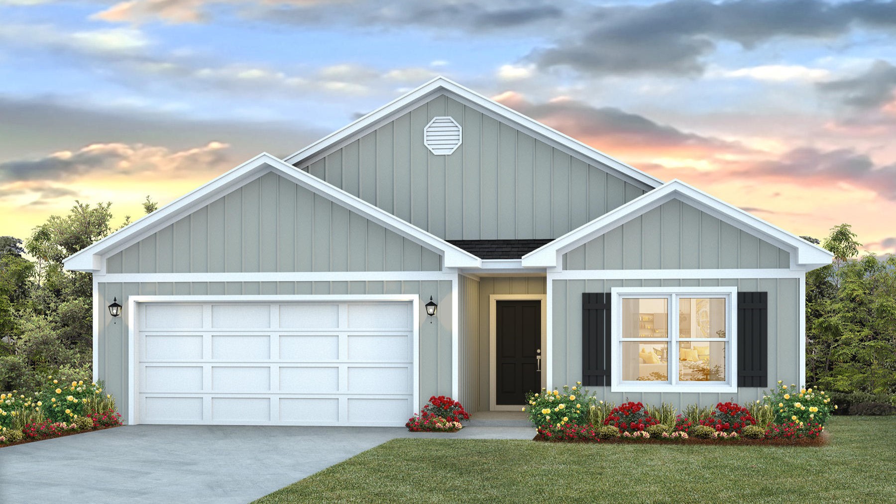 Single-story new home rendering with a two-car garage.
