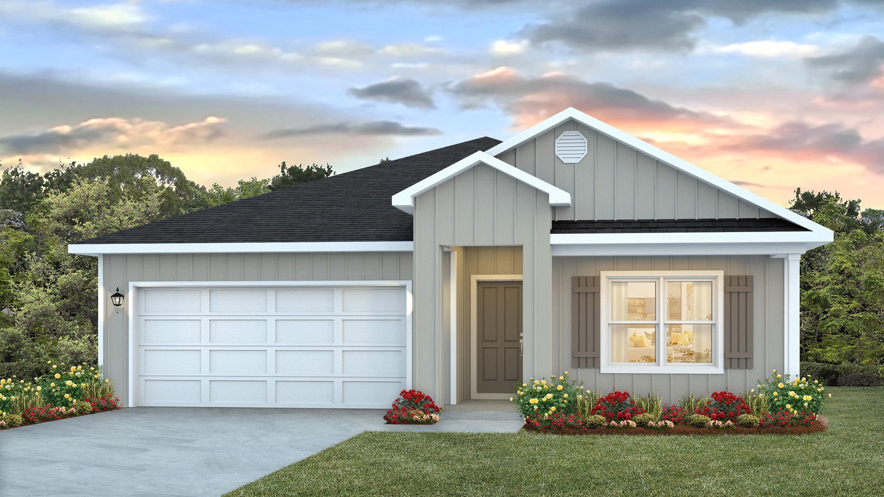 Single-story new home rendering with a two-car garage.
