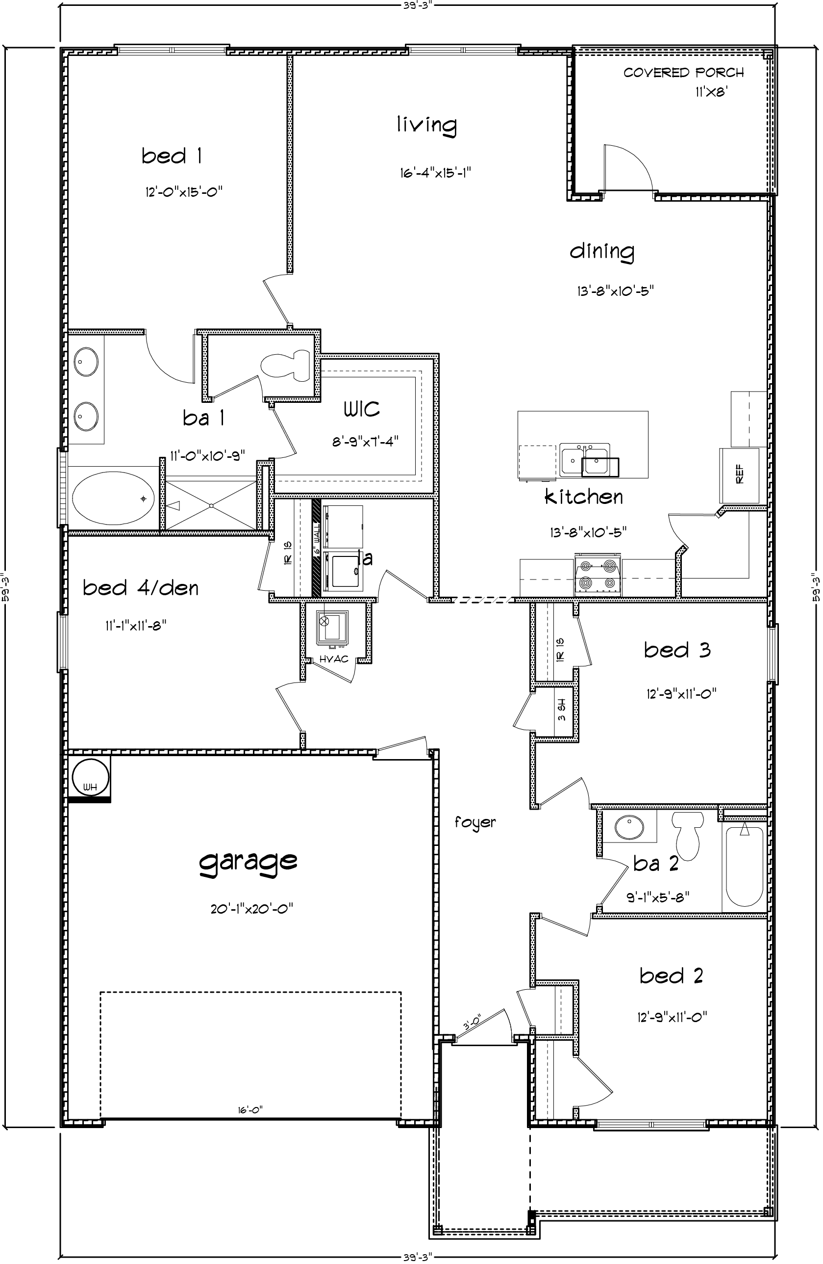 4 bedroom, 2 bathroom floor plan