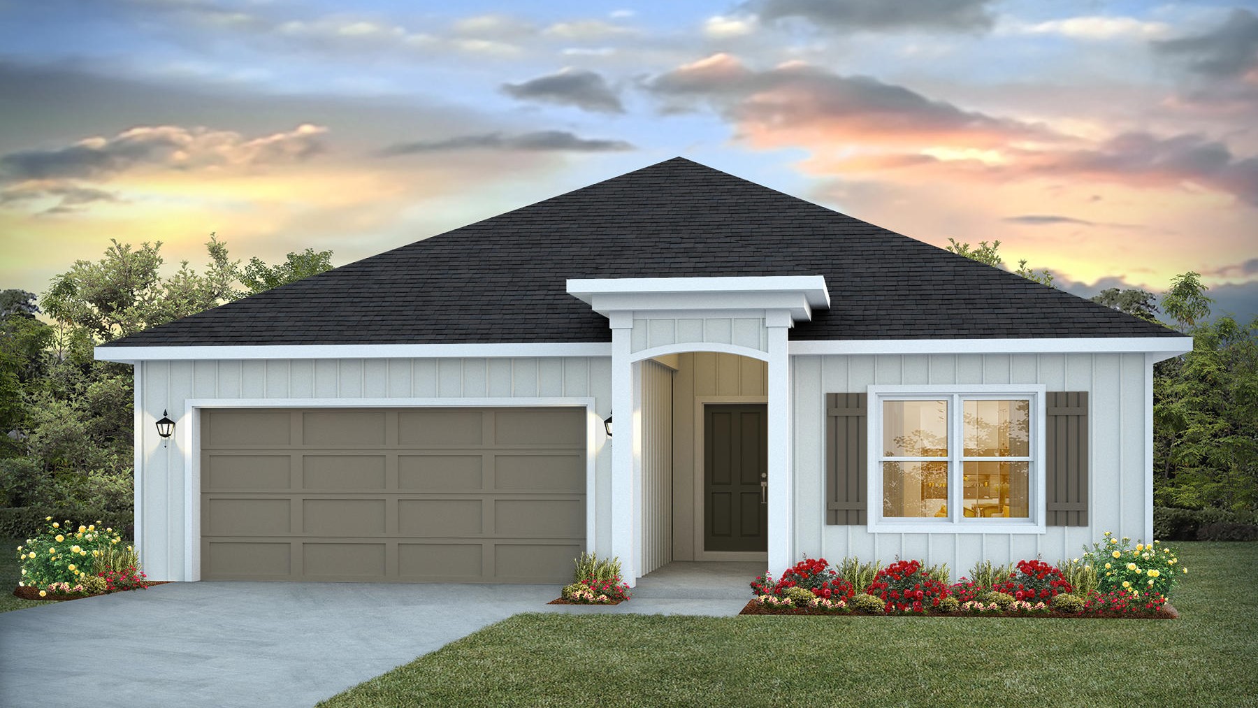 Single-story new home rendering with a two-car garage.