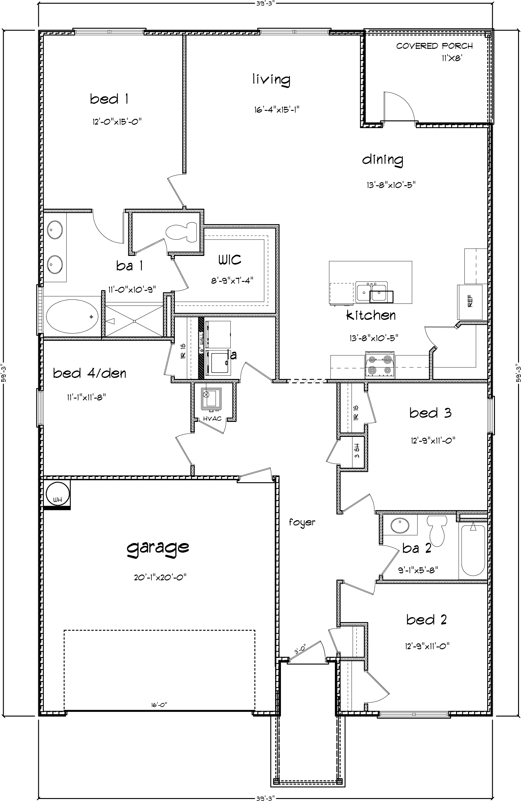4 bedroom, 2 bathroom floor plan