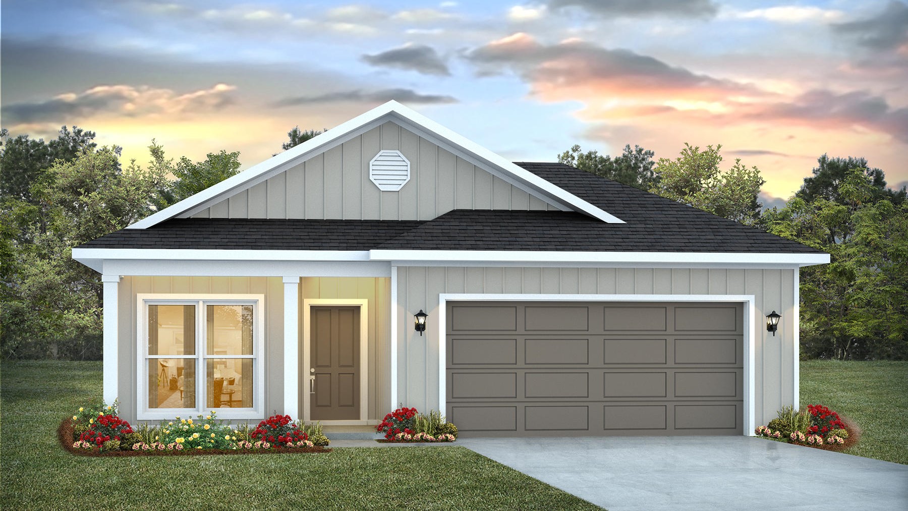 One-story new home with a covered front porch and two-car garage.