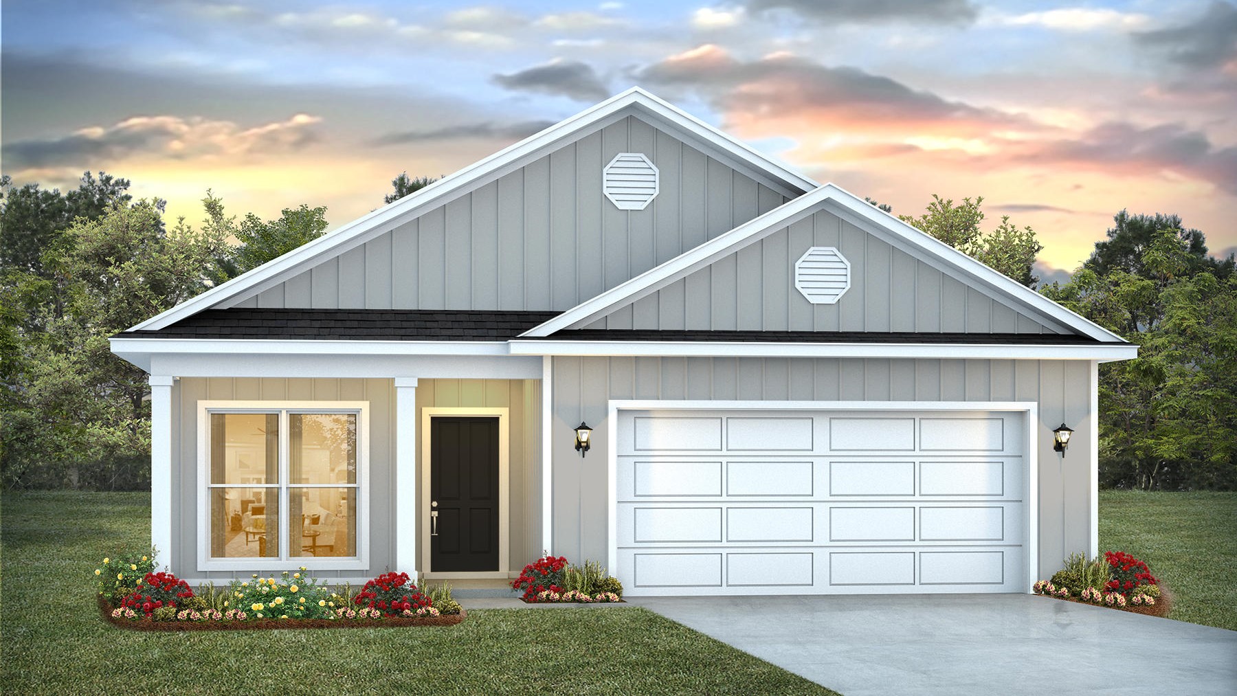 Single-story new home with a covered front porch and two-car garage.