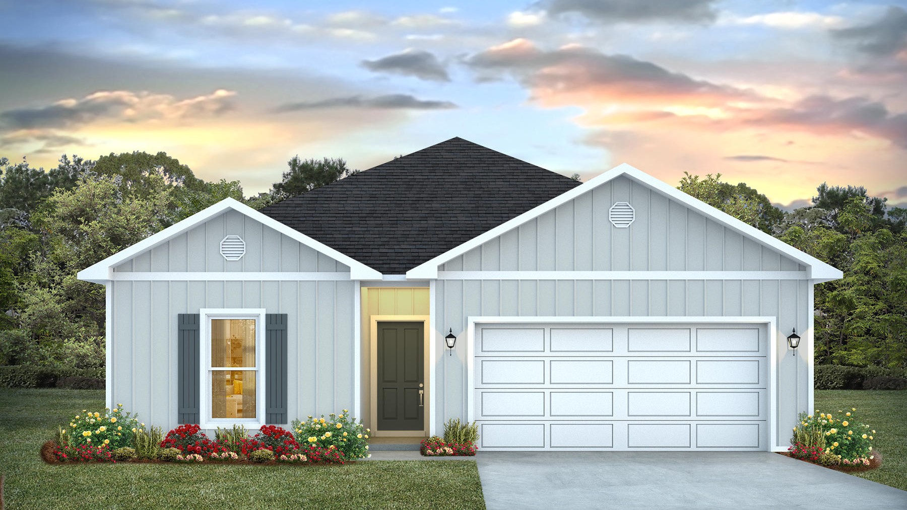 Single-story new home rendering with a two-car garage.