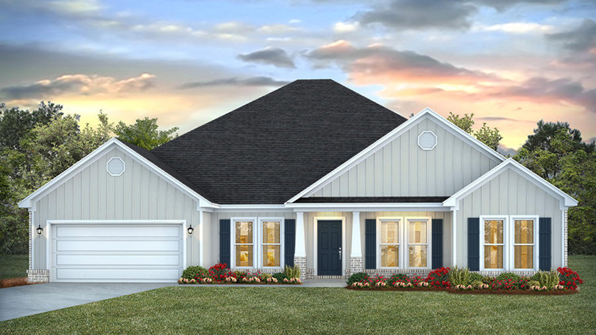 One-story new home rendering with brick exterior, board and batten accents, and a two-car garage.