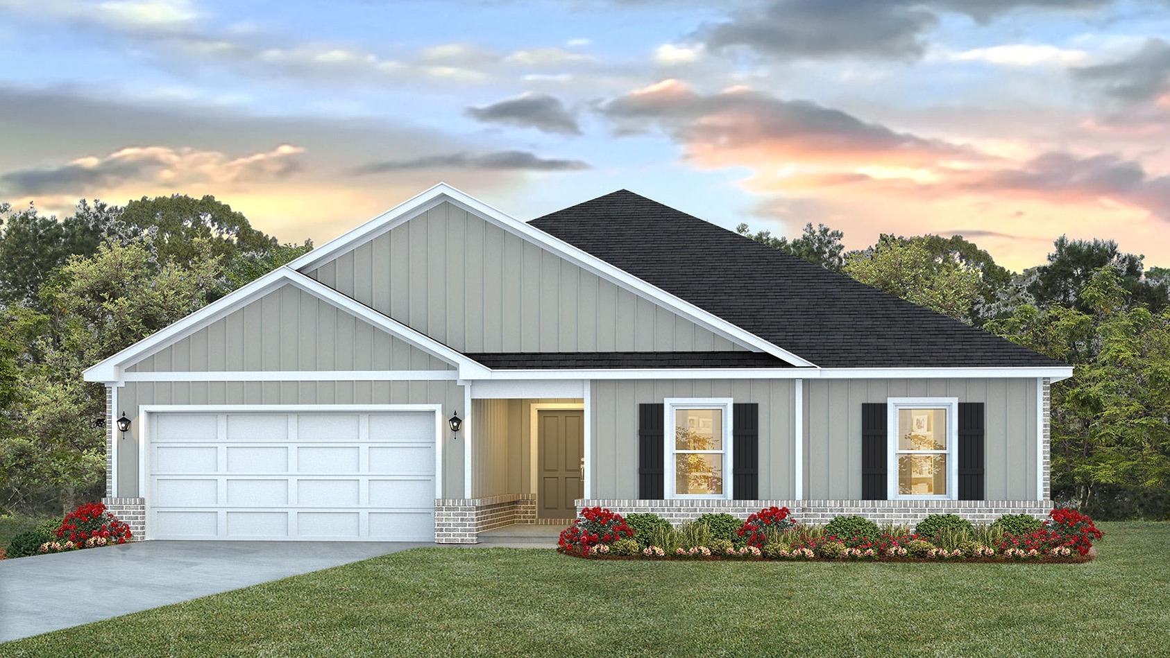One-story home rendering with board and batten exterior, brick accents, and a 2-car garage.