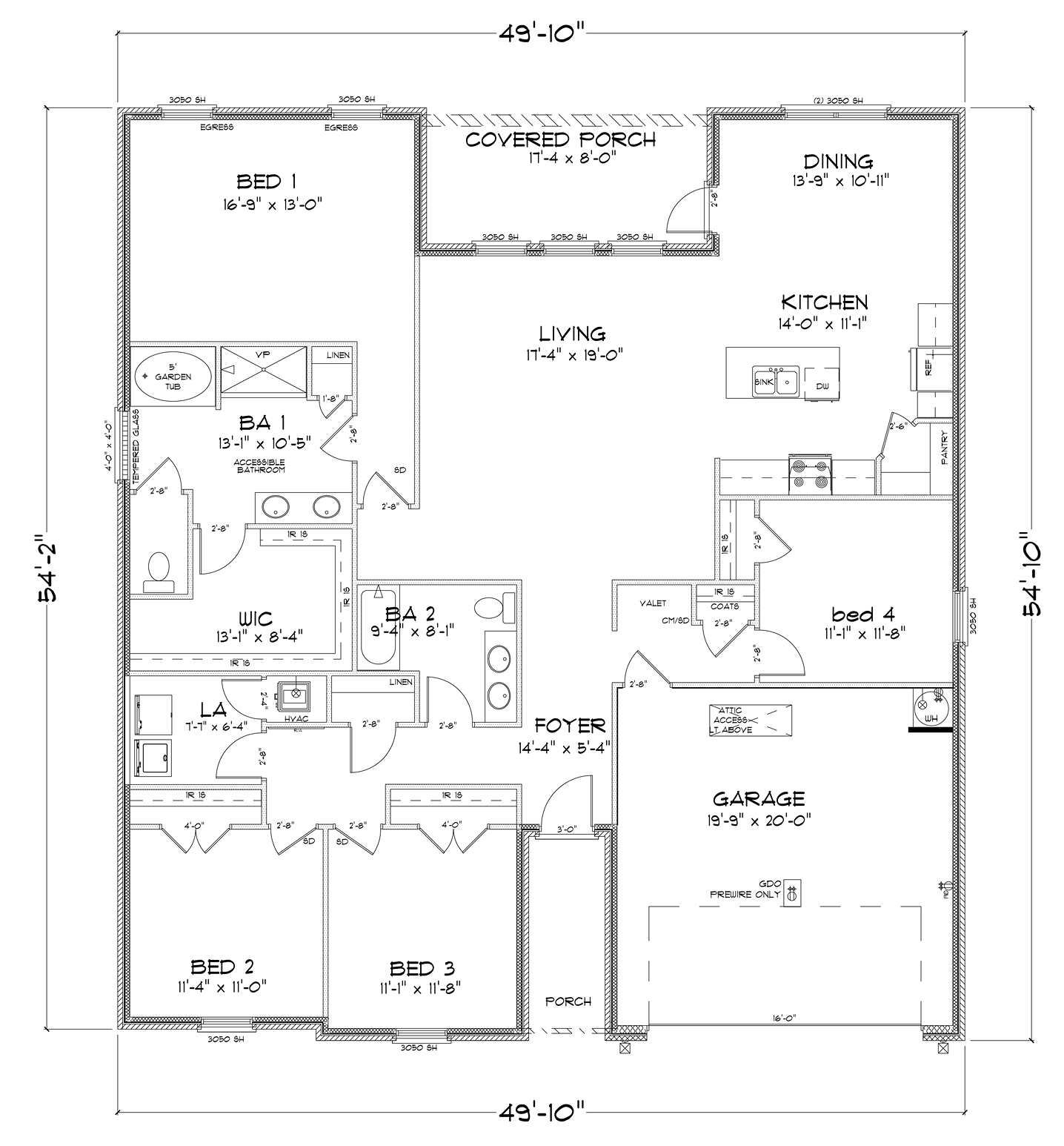 Open-concept floorplan with 4 bedrooms, 2 bathrooms and a 2-car garage.