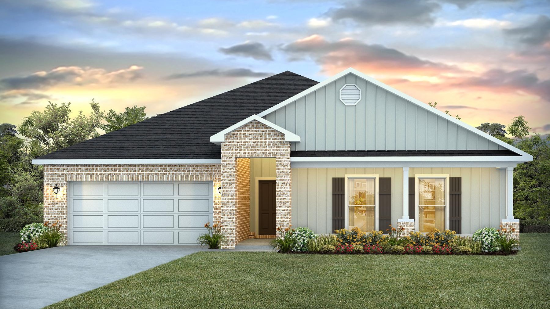 Rendering on one-story home with board and batten exterior, brick accents, and a 2-car garage.
