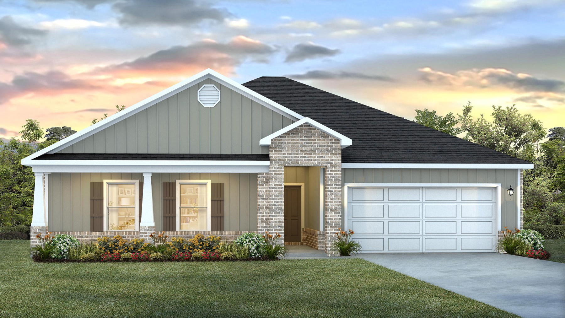 Rendering on one-story home with board and batten exterior, brick accents, and a 2-car garage.