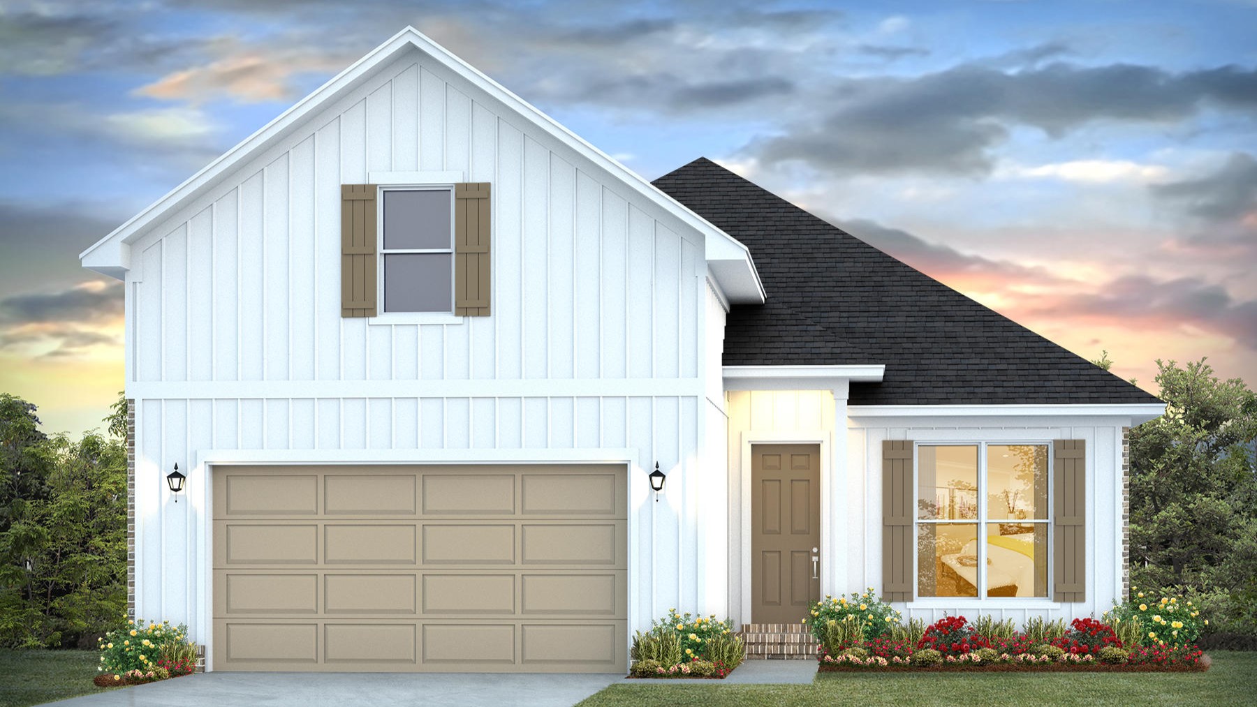 Two-story new home with a two-car garage.