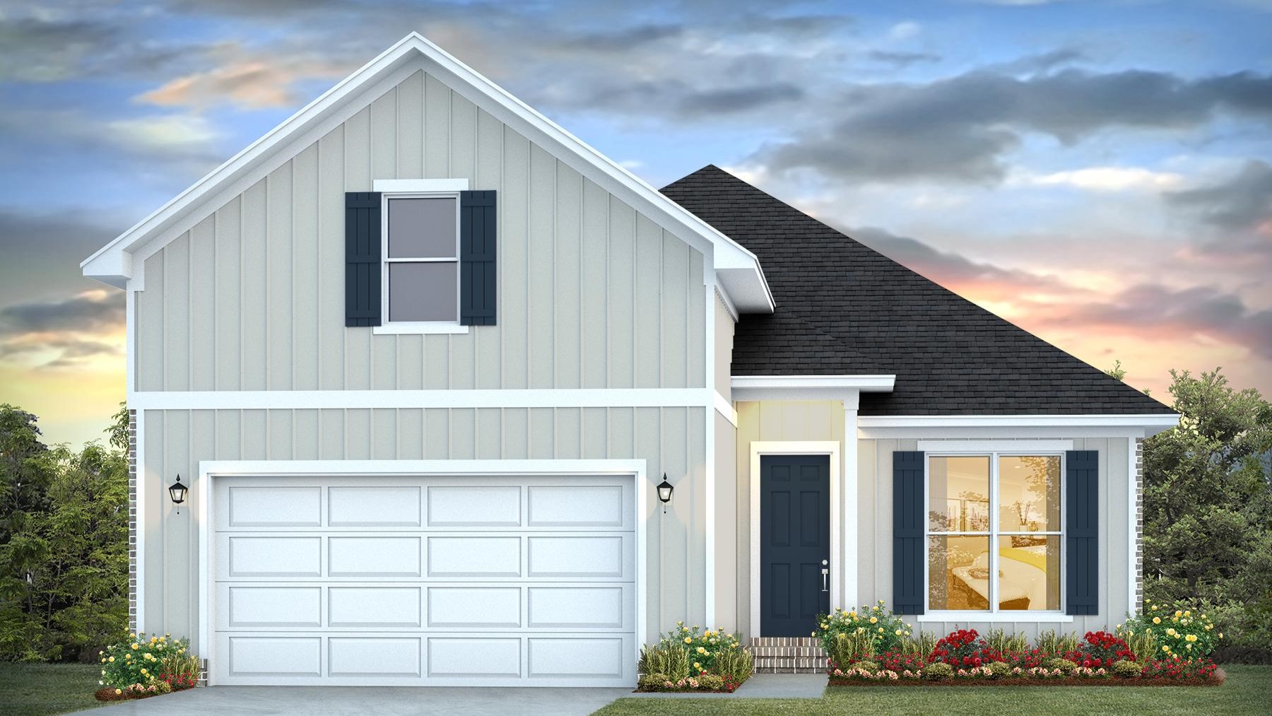 Two-story new home rendering with a two-car garage.
