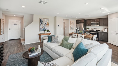 Spacious open-concept great room, dining room and kitchen