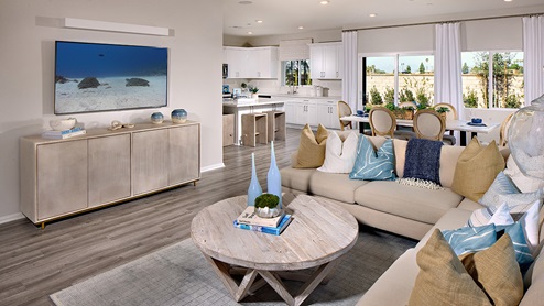 Modern open-concept great room, and dining area