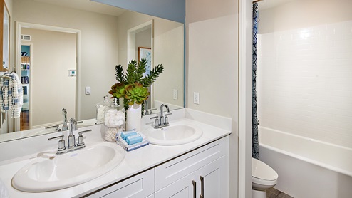 Bathroom with vanity and shower tub combination