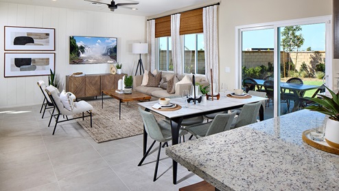 Modern open-concept great room and dining room