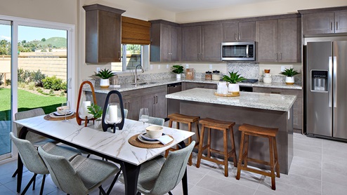 Open-concept kitchen area with dark cabinets and stainless steel appliances and dining room