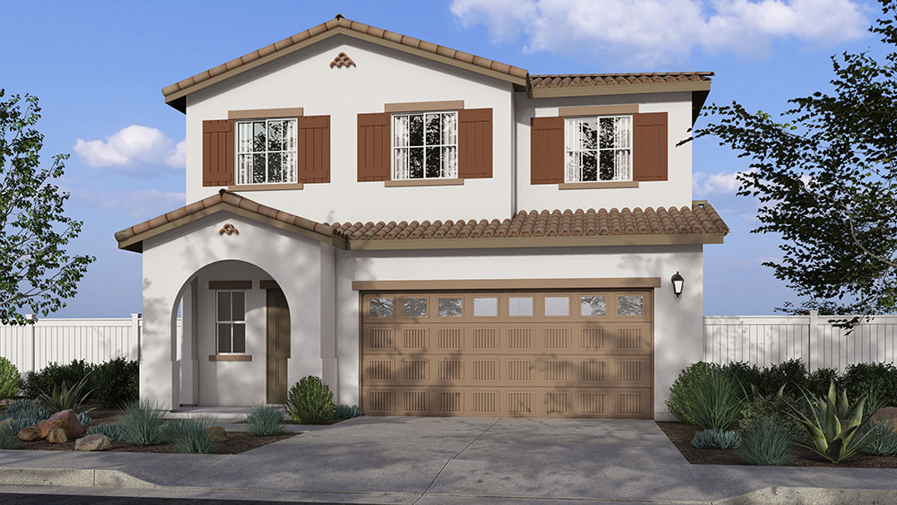 Two-story Spanish home with two-car garage and shutters