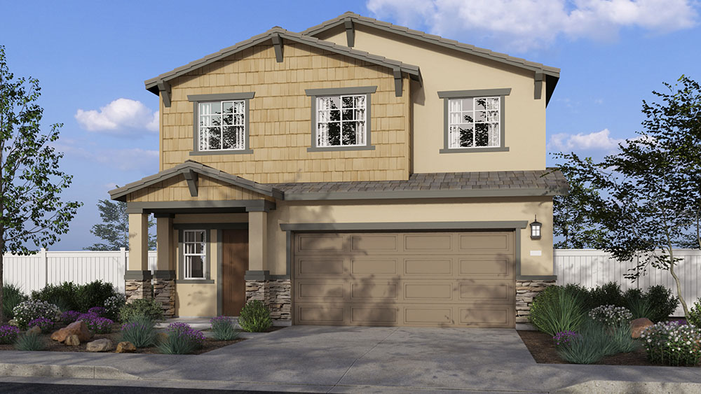 Two-story Craftsman home with two-car garage and stone veneer