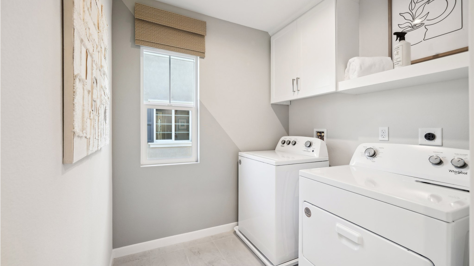 Laundry room with upper shelf and cabinet