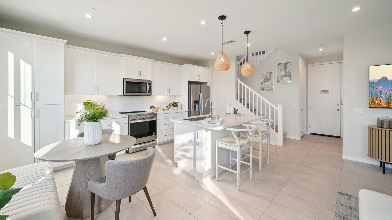 Modern open-concept great room, and dining area