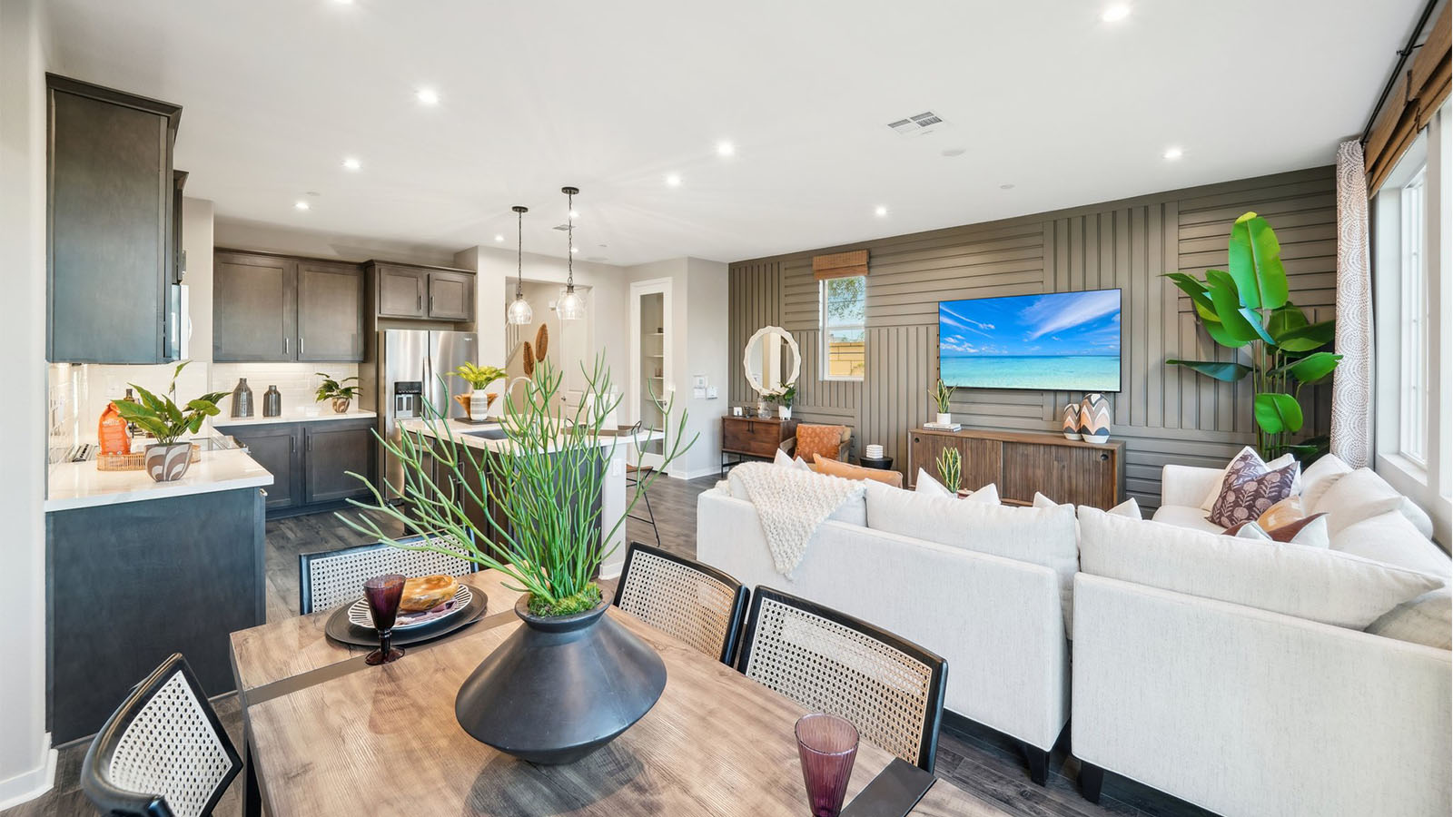 Open-concept great room and dining room