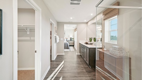 Spacious primary bathroom with laminate flooring, shower, and walk-in closet