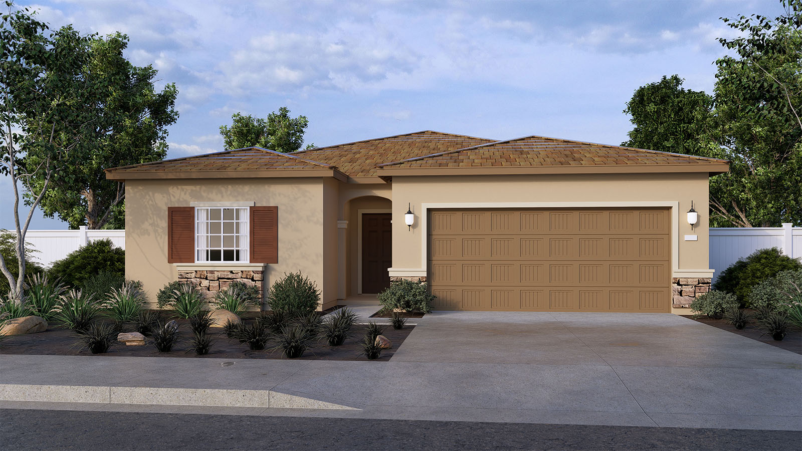 One-story Italianate home with shutters and two-car garage