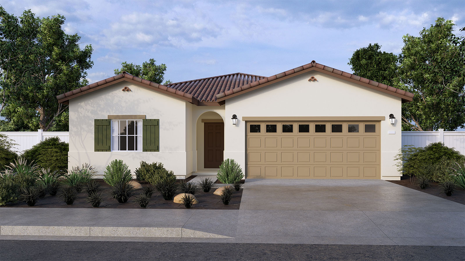 One-story Spanish home with shutters and two-car garage